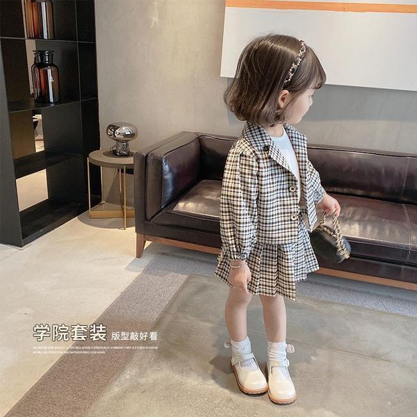 

boutique kids clothing clothes children girls college style suit coat short skirt plaid spring and autumntwo piece set 2021 sets, White