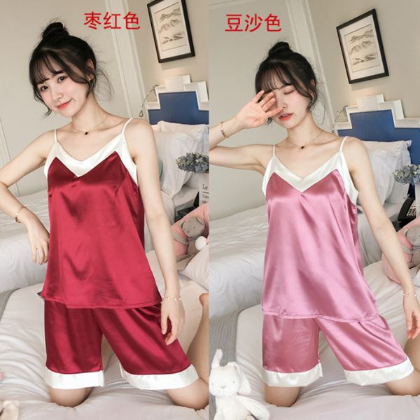 

like silk pajamas women's summer thin sling short sleeve shorts simple ice suit large size home clothes, Black;red