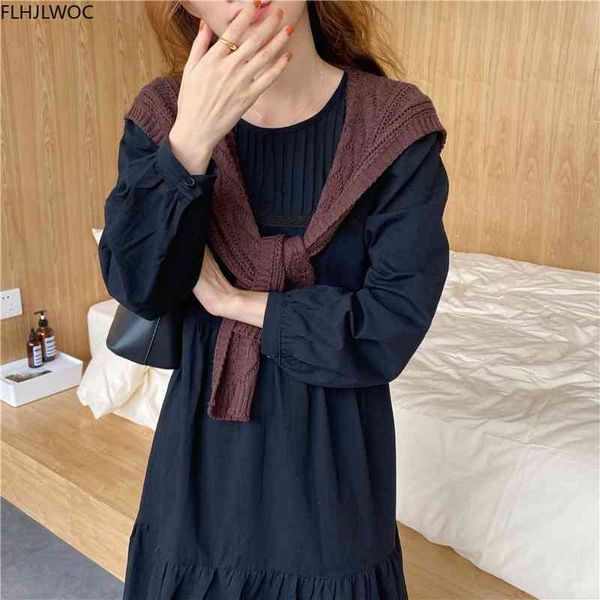 

casual dresses design japan style women spring autumn basic wear loose robe solid cotton blend vintage long maxi o2660 0bt2, Black;gray