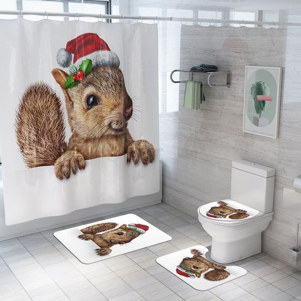 

shower curtains christmas curtain animal squirrel print waterproof polyester bathroom toilet cover mat non-slip bath carpet set