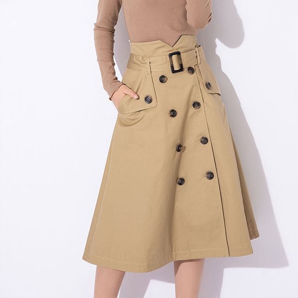 

high waist button flower bud single-breasted midi skirt women spring summer women's bow pocket lace-up skirt with belt 210514, Black