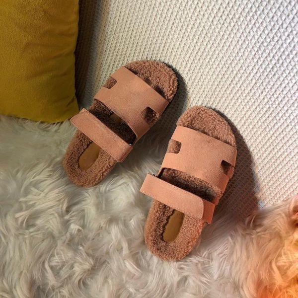 

slippers women's leather wool autumn and winter, Black