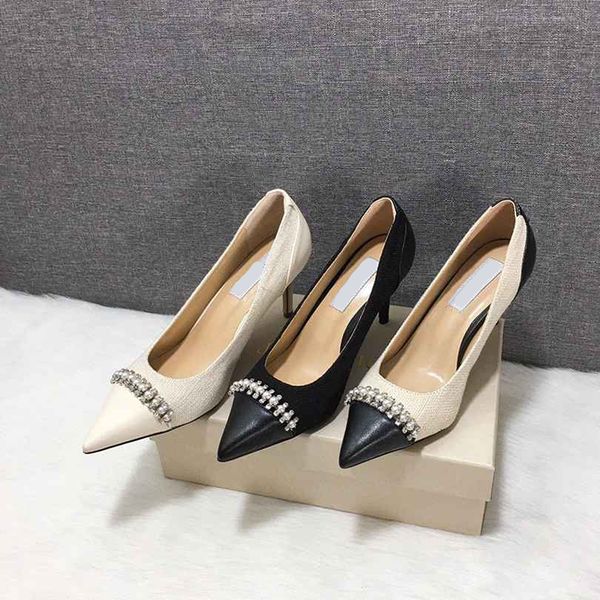 

luxury rhinestone wedding dress shoes women pointed toe pearl 8cm high heels designer banquet pumps with box, Black