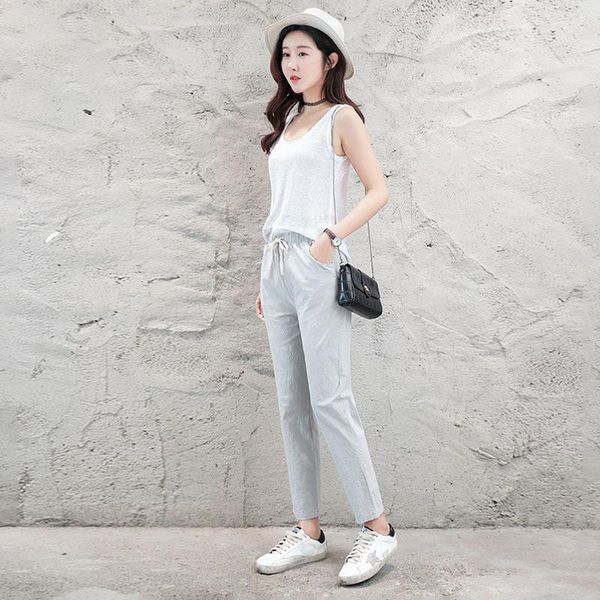 

women's pants & capris women autumn plus size pure colour casual harajuku trousers 2021 elastic rubber waist cotton linen joggers y, Black;white