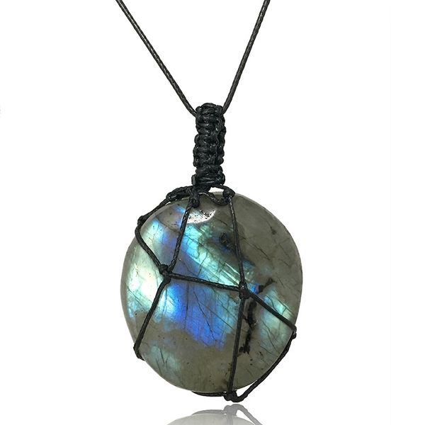 

natural crystal moonlight paraffin rope necklace elongated stone pendant fashion necklace for men and women, Black