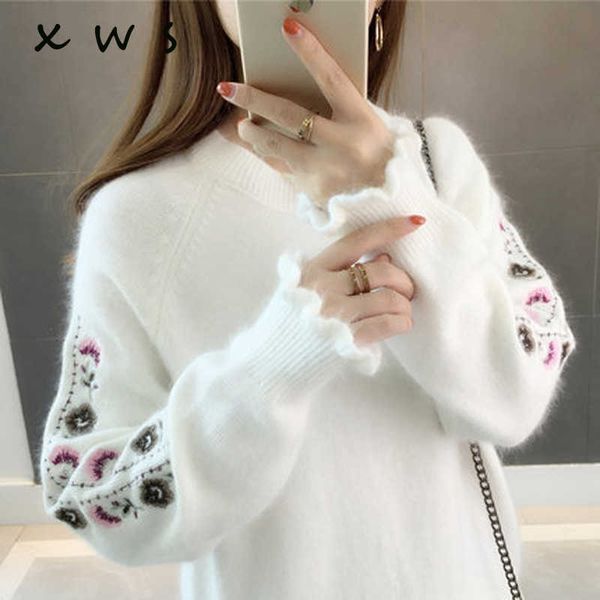

thick warm women o neck winter women sweaters and pullovers knit long sleeve embroidery sweater female jumper 210604, White;black