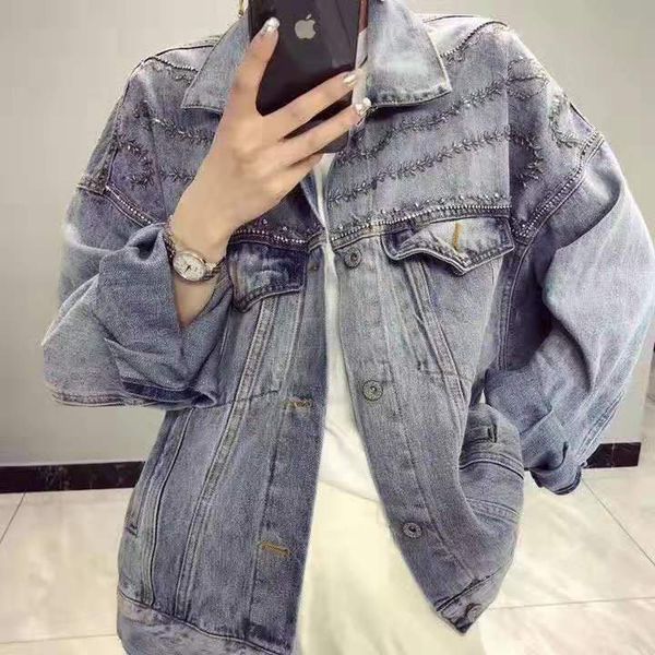 

european goods autumn new ins loose large version shows thin, heavy industry drill nail bead cowboy coat trend, White;black