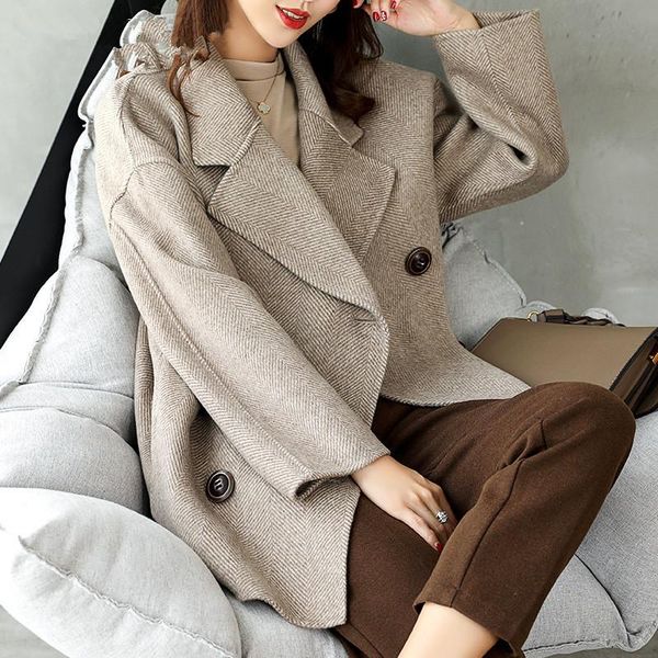 

women's wool & blends size double real coat female korean blazer women clothes 2021 autumn winter jacket alpaca woolen coats my3811 en, Black