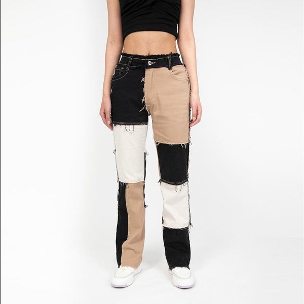 

women's jeans 2021 autumn and winter trend mixed color stitching high waist tight hips straight denim trousers, Blue
