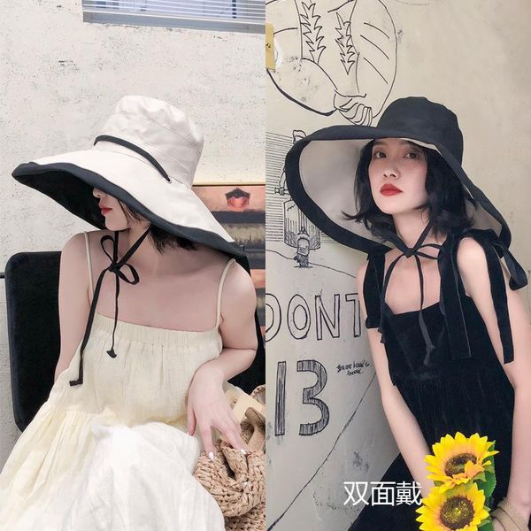 

vacation style oversized double-sided fisherman hat solid color cotton breathable sun hats female summer cap wide brim, Blue;gray