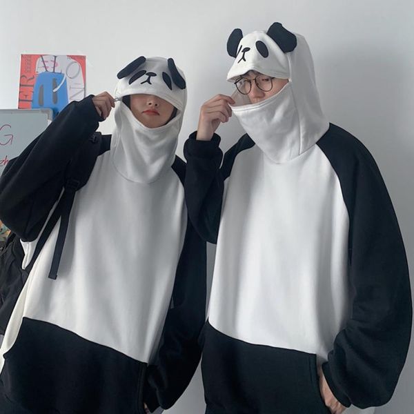 

women's hoodies & sweatshirts 3d oversized panda couple cartoon black white splicing kawaii lovely design pocket sweatershirt harajuk