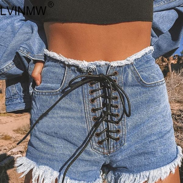 

women's shorts lvinmw casual blue tassel jeans 2021 summer women lace up bow high waist slim pockets female streetwear, White;black