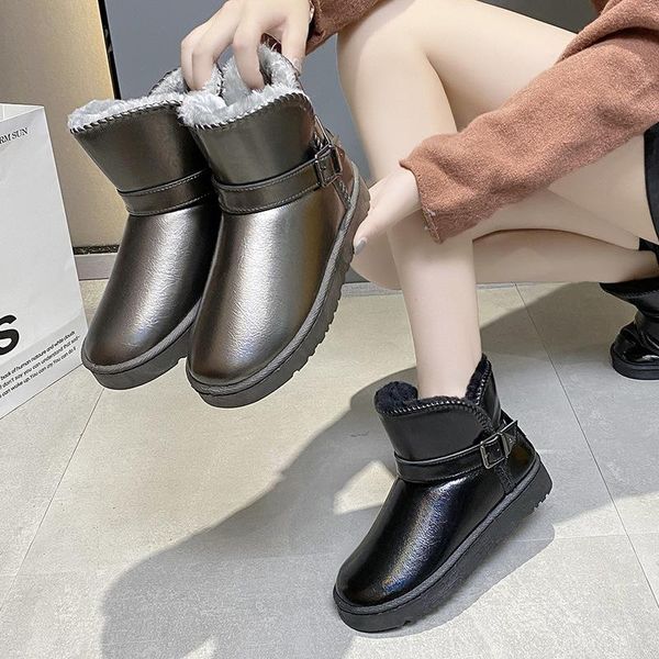 

boots fashion cotton shoes 2022 winter round toe short tube flat bottom and velvet thick leather korean snow, Black