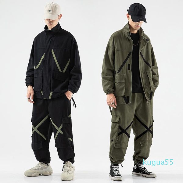 

men's tracksuits hip hop patchwork veste ensembles hommes de travail vestes pantalon deuxcostume fermeture, Gray