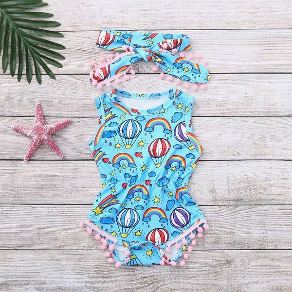 

jumpsuits cute born baby girl rainbow cartoon print pagliaccetto volant senza maniche tuta fascia 2 pezzi abiti set vestiti 202, Blue