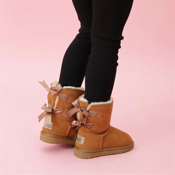 

australia baby bailey 2 bows snow girls childrens boots style cow suede leather waterproof winter cotton warm boots shoes kids eu21-35, Black;grey