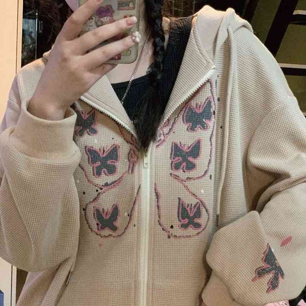 

e-girl butterfly print sweatshirt women autumn zip up long sleeve oversized hoodies y2k aesthetic fairy grunge harajuku clothes, Black