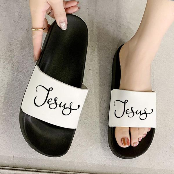 

summer test fashion open toe flip flops for women cross of jesus vouge slippers printed women's non-slip slides, Black