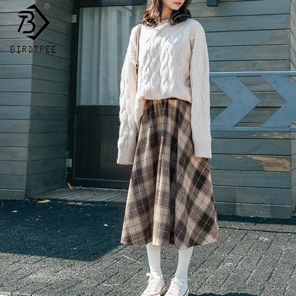 

two piece dress 2021 spring women's sweet suits pieces set full sleeve o-neck loose sweater and vintage plaid skirt s9d403k, White