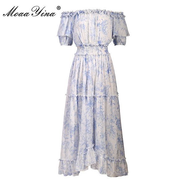 Fashion Designer Summer Dress Women's Puff Sleeve Elastico in vita Stampa floreale blu Vacanza lunga 210524