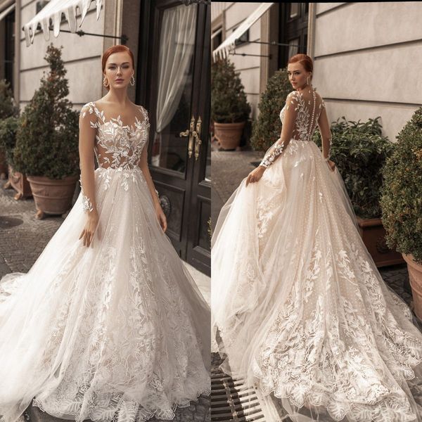 Katherine Joyce 2021 Abiti da sposa Boho Una linea a maniche lunghe in pizzo con applicazioni ricoperte con bottoni Abiti da sposa Robe De Mariée