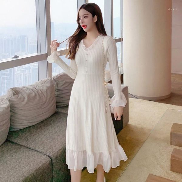 

autumn ruffles sweet chiffon knitting patchwork dress women v neck flare sleeve a line slim sweater midi casual dresses, Black;gray
