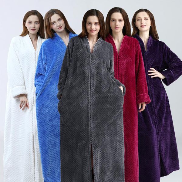 

women's sleepwear autumn and winter thick zipper nightgown flannel couple nightdress lengthen plus fat bathrobe men women warm pajamas, Black;red
