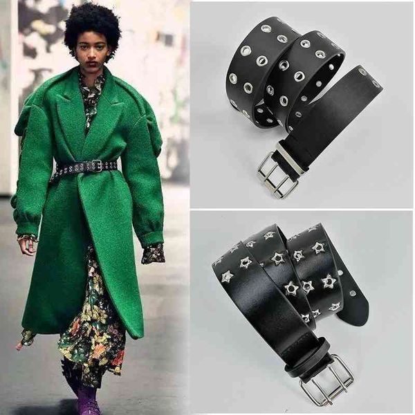 

2021 low price wholesale punk belt black leather belts for women double star eyelet all-eyelet jeans ceinture mujer hip hop gothic riem chai, Black;brown