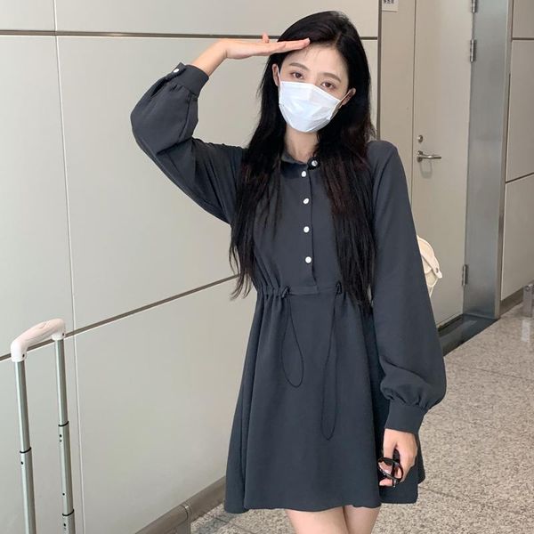 

casual dresses pure color loose ins retro dress, Black;gray