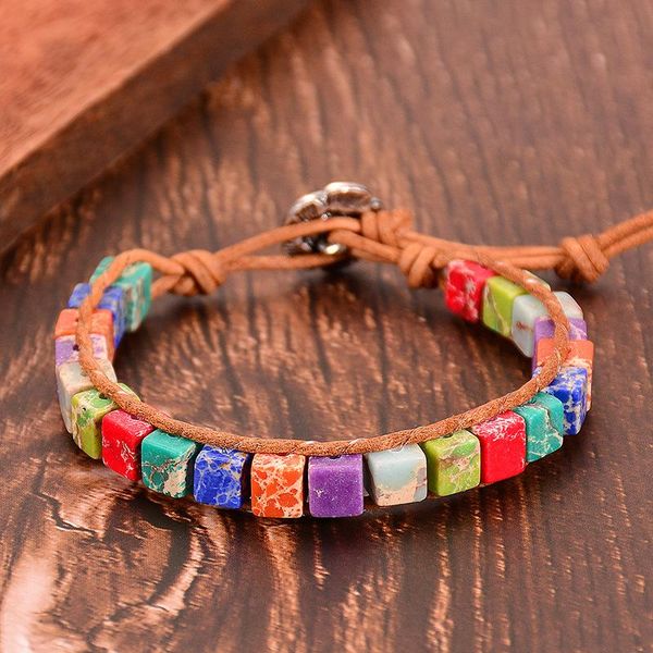 

charm bracelets 7 chakra beads bracelet multi color natural stone square leather wrap lover's gifts jewelry dropshiping, Golden;silver