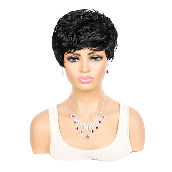 

short wig bleached and dyed curly hair color bang's short head cover, Black