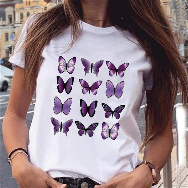 

graphic butterfly elegant cartoon women t shirt 90s clothing summer spring casual fashion print female clothes tees, White