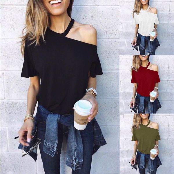 

new women's t-shirt solid short sleeve neck off shoulder top, White