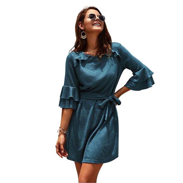 

casual dresses elegant butterfly sleeve bandage a line mini ruffles dress autumn winter nice vestidos o neck women high waist, Black;gray