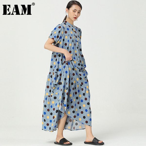 

[eam] women blue big size dot print ruffle dress stand collar short sleeve loose fit fashion spring summer 1dd7357 210512, Black;gray