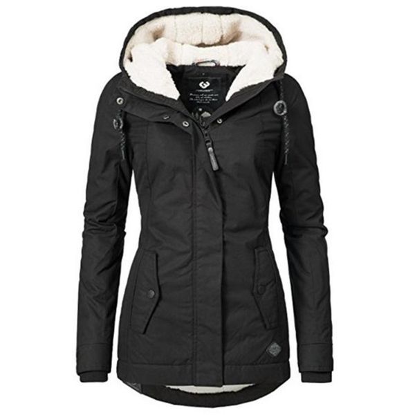 

winter parkas coat thick hooded women jacket cotton warm female windproof outerwear zipper pocket drawstring overcoats 210925, Black