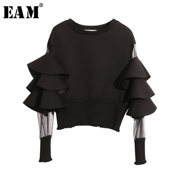 

[eam] spring round neck long sleeve solid color gauze split joint loose sweatshirt women fashion jc509 210809, Black