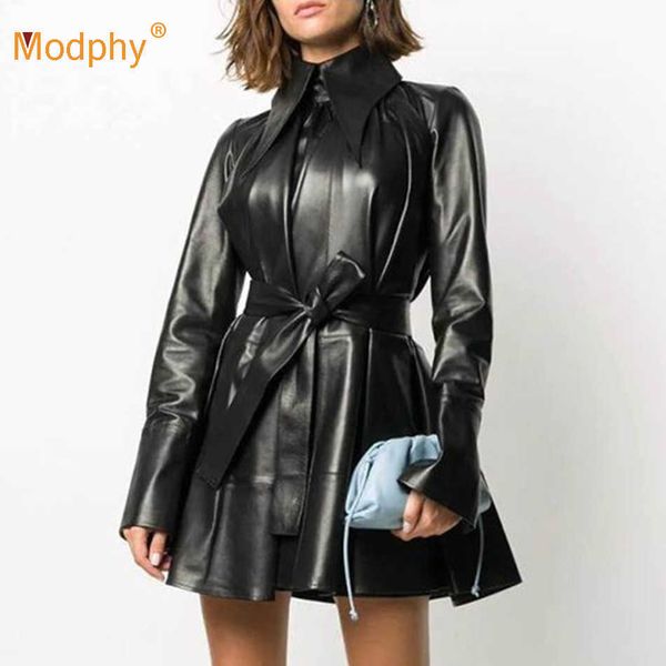 Outono Mulher Pu Couro A-Linha Vestido Vestidos Retro Retro Big Lapel Manga Longa Lace-Up Roupas Moda Preto 210527