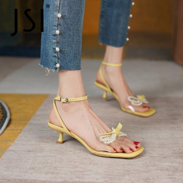 

sandals jsi genuine leather summer women shoes thin heels pearl sweet stylish butterfly-knot dressing square toe 2021 vo310, Black