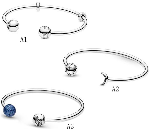 Echtes S925-Sterlingsilber, passend für Pandora-Silber, blaue Erde, offenes Armband, Stern, Mond, offenes Armband, Perle, Liebesherz, blauer Crysta-Charm für Armbänder, DIY-Perlen-Charms