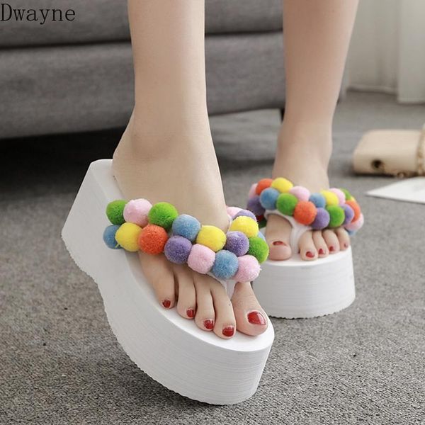 

slippers 2021 cute fur ball sponge cake thick bottom casual clip foot fashion non-slip beach sandals and for children, Black