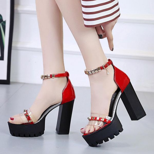 

dress shoes line buckle sandals fashion rivet fish mouth thick heel high heels super soled womens platform, Black