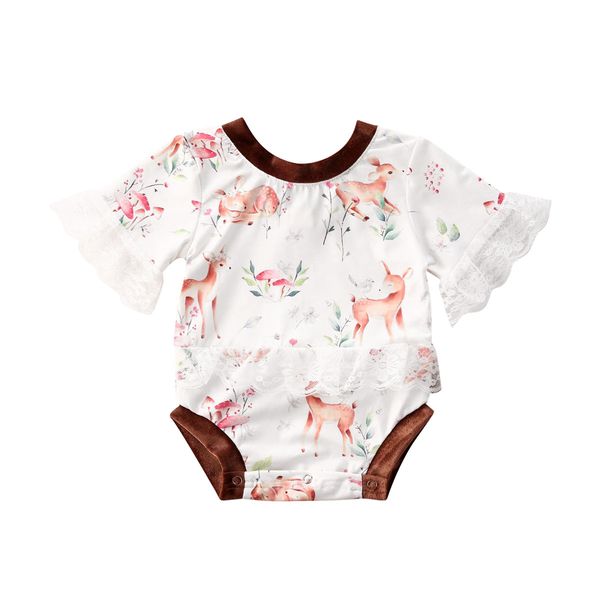 

0-24m infant baby girls boys bodysuits animal print lace ruffles short sleeve cotton jumpsuits outfits, White