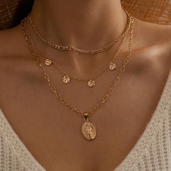 

pendant necklaces multilayered virgin mary necklace for women vintage gold color wafer clavicle chain trendy jewelry gift 15202, Silver