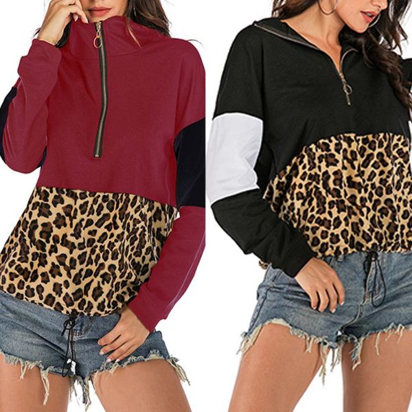 

women's hoodies & sweatshirts leopard print pullover sweatshirt color block hoodie poleron mujer 2021 half zip patchwork clothes women, Black
