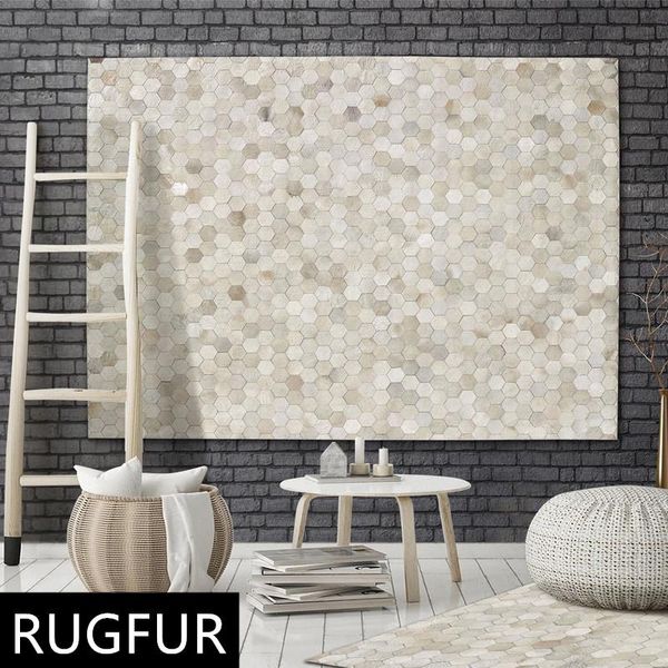 

luxury hexagonal structural white patchwork cowhide rug natural cow skin carpets