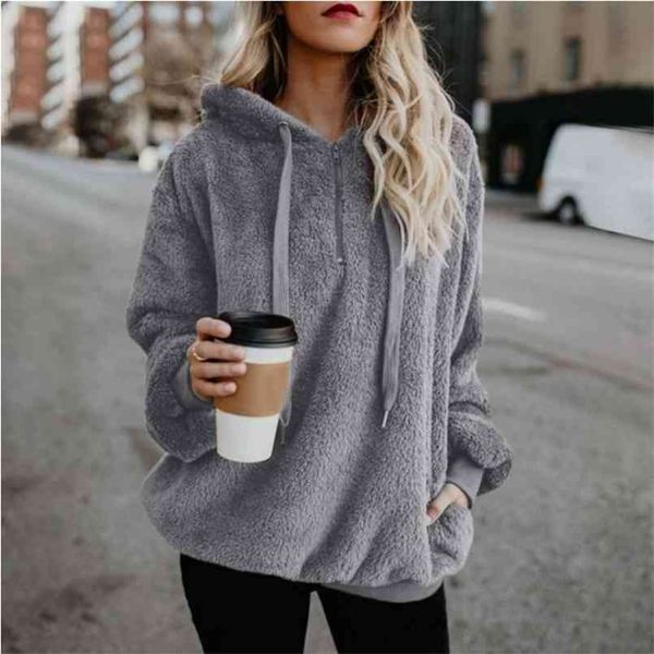 

winter women sherpa hoodies oversized fleece hooded pullover loose fluffy coat warm streetwear 210813, Black