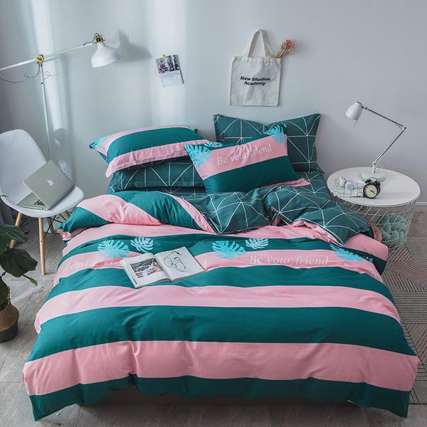 

bedding sets pink green stripe pattern set  king full twin size bed linen 4pcs/set duvet cover sheet ab side pillowcase