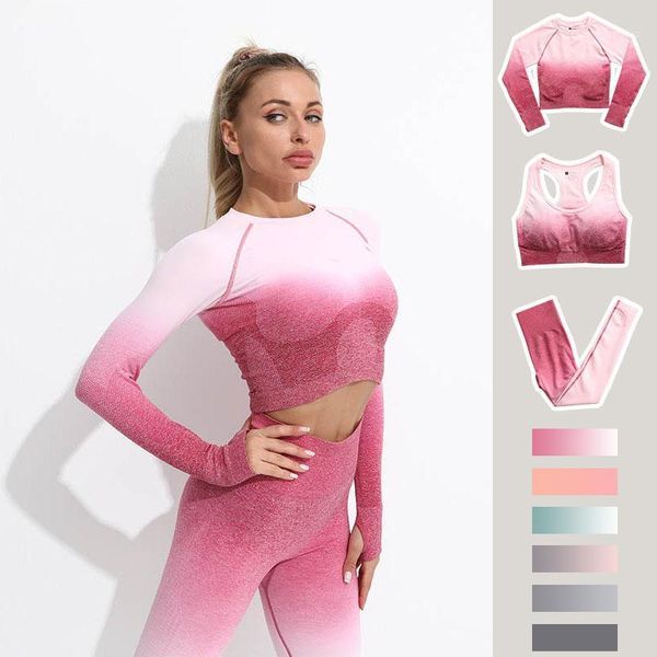 

yoga outfit ombre seamless set long sleeve women gym crop sportswear bra high waist leggings workout fitness clothing