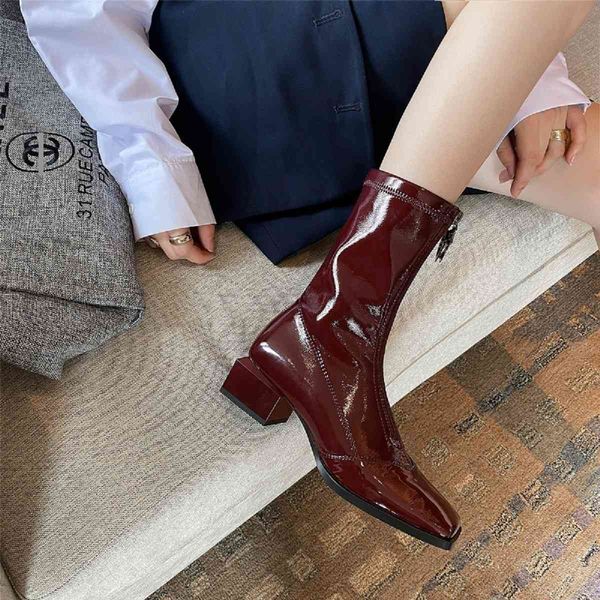 

dress shoes stretch boots women's short thick heel square toe autumn and winter patent leather gnh6 yyus, Black